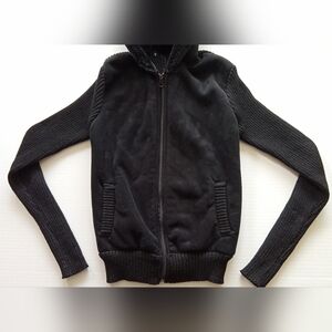 Black Hooded Jacket with Ribbed Sleeves